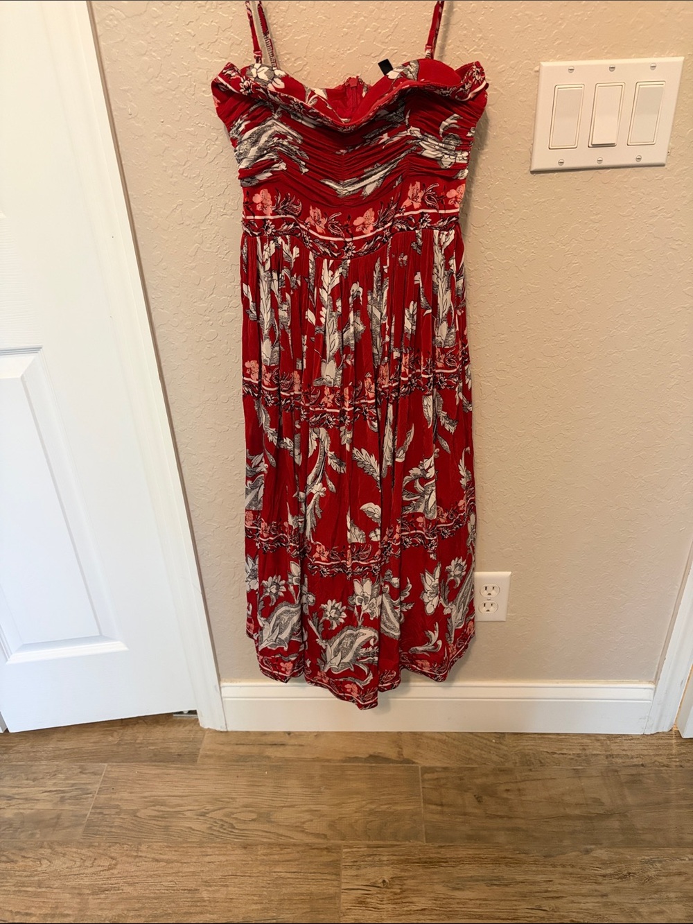 Red Floral Smocked Midi Dress with Adjustable Straps